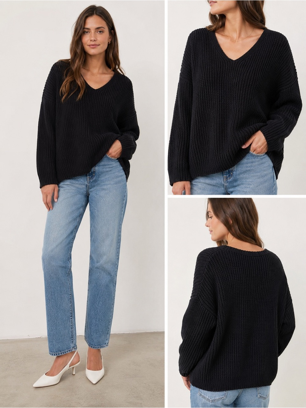 Jenni Kayne Black Organic Cotton Chunky Knit Sweater Womens Large Cozy V Neck